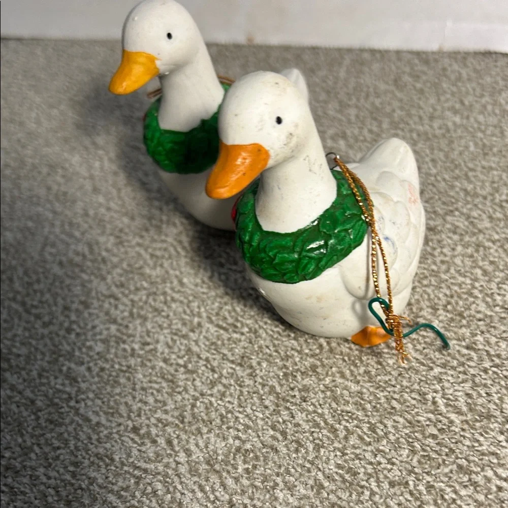White Duck Bird Toy Pair with Green Wreaths